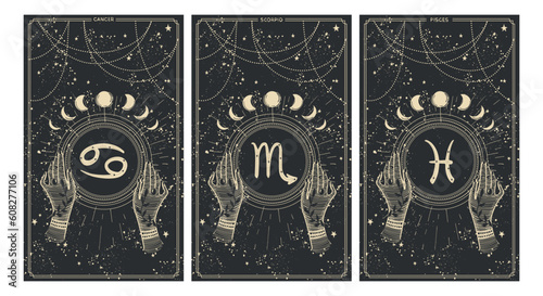Cancer, scorpio, pisces, water astrological signs of the zodiac on a black background, a set of vintage cards for stories, boho banner with horoscope symbols. Modern vector illustration.
