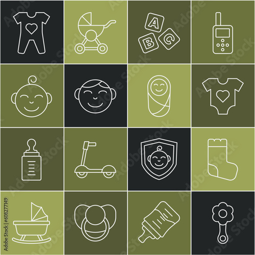 Set line Rattle baby toy, Baby socks, clothes, ABC blocks, Little boy head, and Newborn infant swaddled icon. Vector