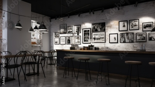 Modern fashionable cafe interior in loft style. Long wooden counter  bar stools  tables and chairs. The wall behind the bar is decorated with lots of posters and black and white Generative AI