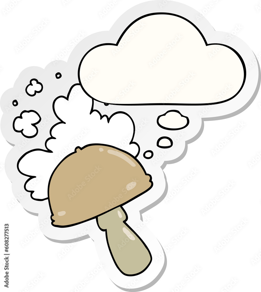cartoon mushroom with spore cloud with thought bubble as a printed sticker cartoon mushroom with spore cloud with thought bubble as a printed sticker