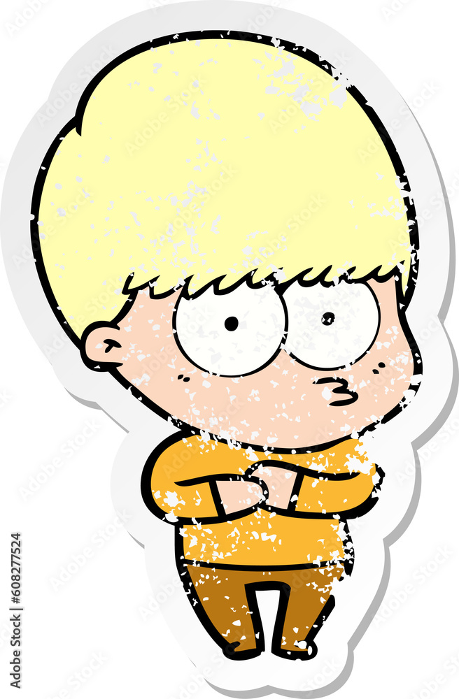distressed sticker of a nervous cartoon boy distressed sticker of a nervous cartoon boy