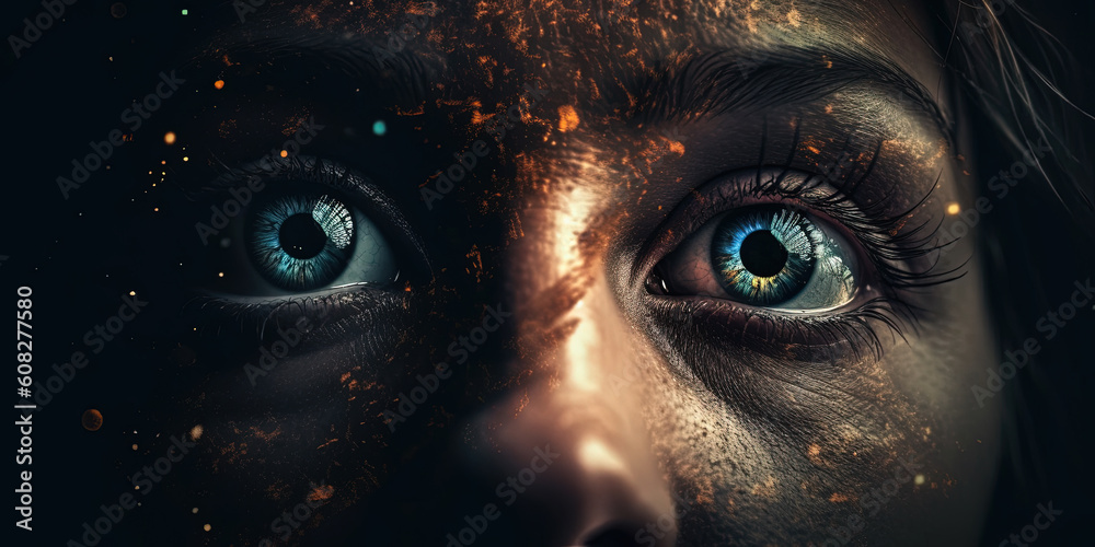 frightened eyes, panoramic image. Generative Ai frightened eyes, panoramic image. Generative Ai