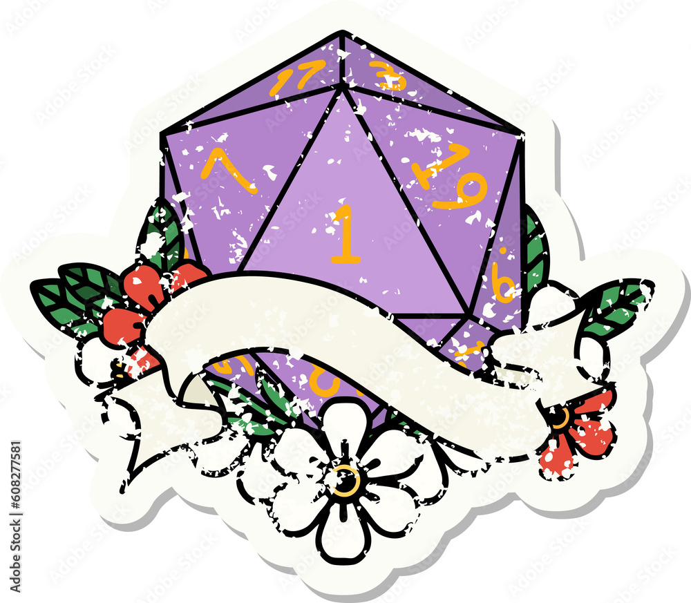 grunge sticker of a natural one d20 dice roll grunge sticker of a natural one d20 dice roll