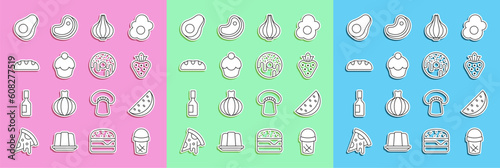 Set line Ice cream in waffle, Watermelon, Strawberry, Garlic, Muffin, Bread loaf, Avocado fruit and Donut icon. Vector