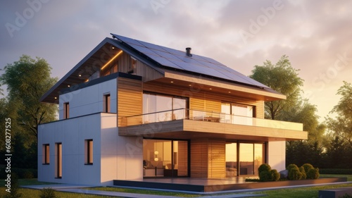 Modern two-storey cottage in a minimalist style with solar panels on the roof. Combination of wood, concrete and glass. Panoramic windows, spacious terrace, neat lawn. Amazing sunset. Generative AI
