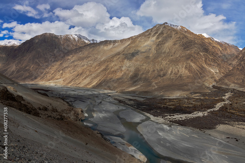 Captivating Suru Valley as it winds through the majestic mountains, while the shimmering Indus River flows under the sunny sky in Ladakh region, India © PrabhjitSingh