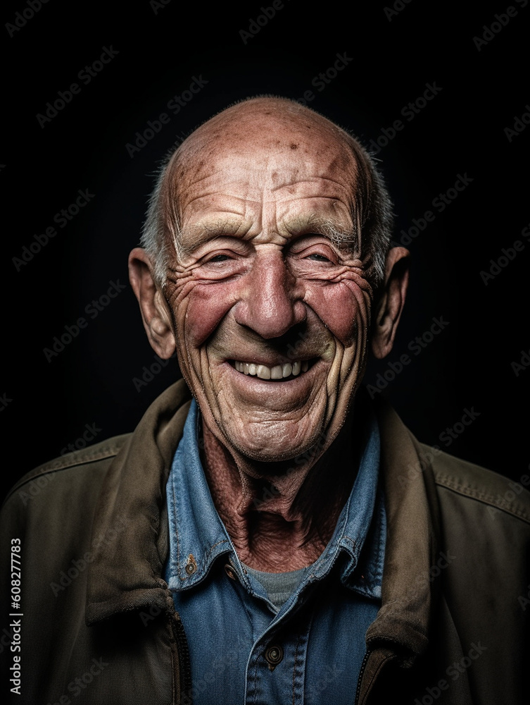 Gesicht eines lachenden alten Mann mit vielen Falten Nahaufnahme , ai generativ