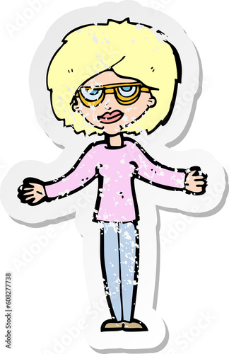 retro distressed sticker of a cartoon woman wearing spectacles