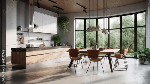 Modern spacious loft kitchen with dining area. Minimalistic interior, concrete walls and floors, white and wooden facades, floor-to-ceiling panoramic windows. Generative AI