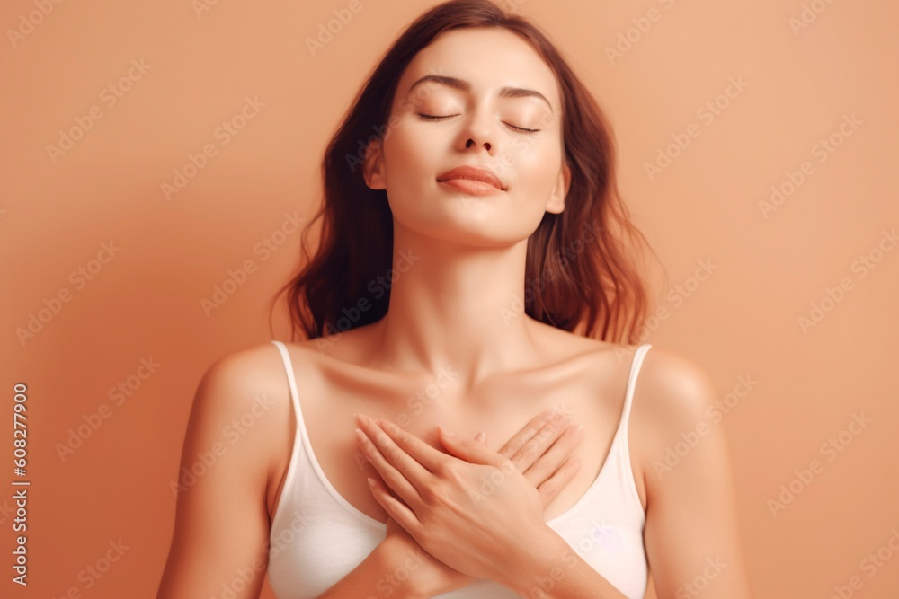 Obraz premium Embracing solace, a young woman breathes deep, hand on chest, freeing anxiety, discovering tranquility. Ai generated.