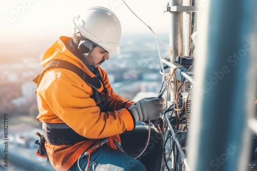 A technician perched on a 5g telecommunications tower checks connections. Ai generated. photo