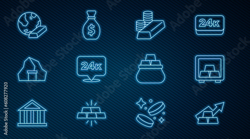 Set line Growth arrow with gold bars, Safe, Gold coin, 24k, mine, Bag of and Old money bag icon. Vector