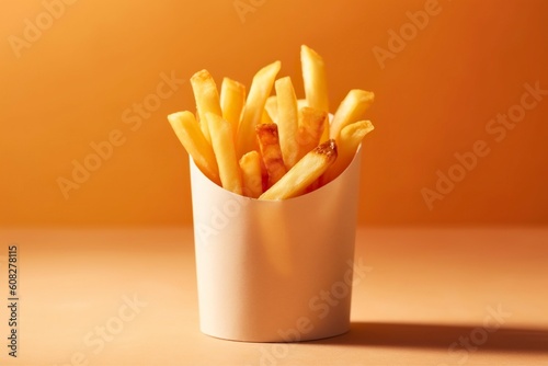 little box with delicious french fries isolated on studio background. Ai generated.