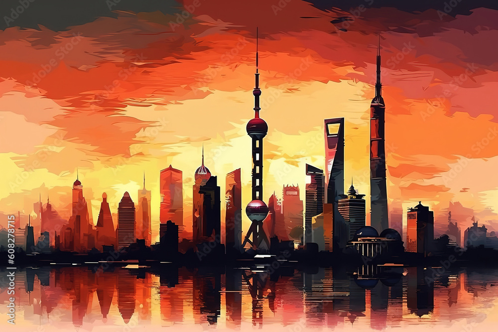 Shanghai city with bright lights. Generative Ai