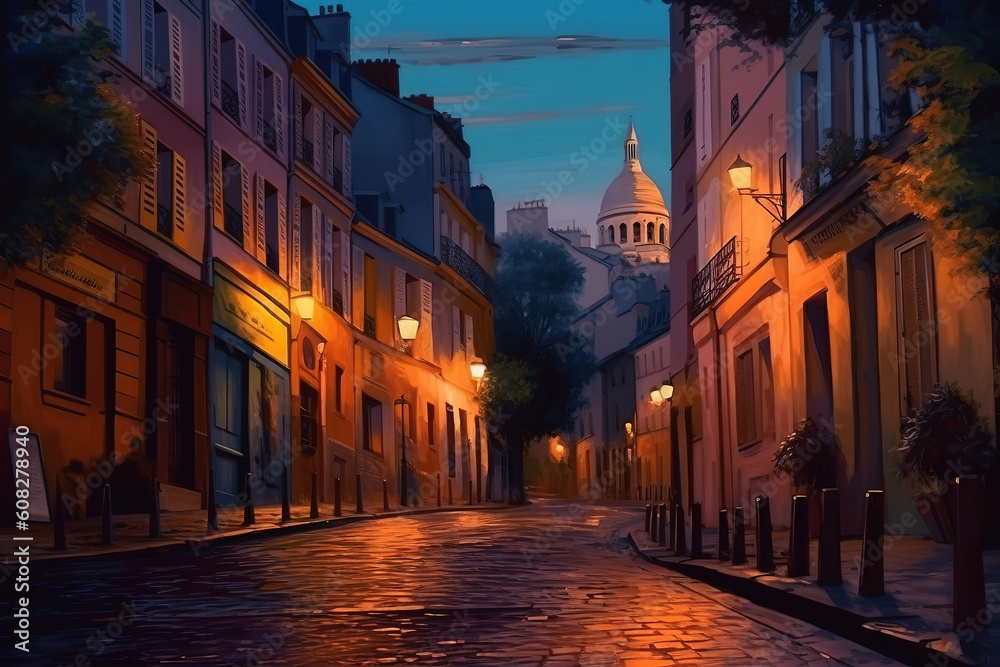 Street in Montmartre, Paris, in the evening, bright color. Generative Ai