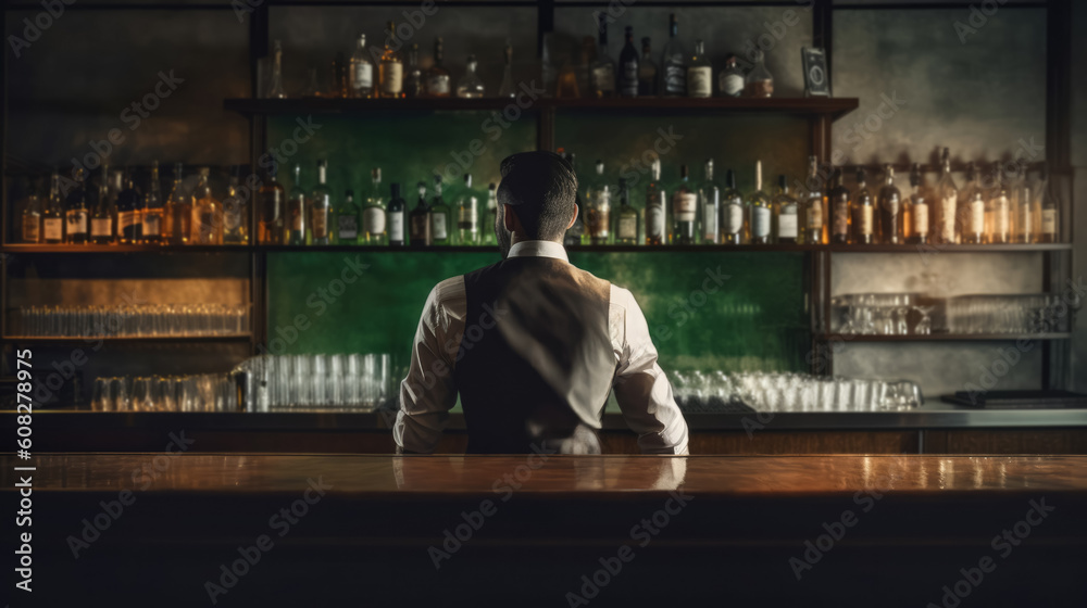 Rear view of young bartender standing at bar counter. Generative AI
