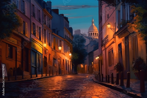 Street in Montmartre, Paris, in the evening, bright color. Generative Ai © hassanmim2021