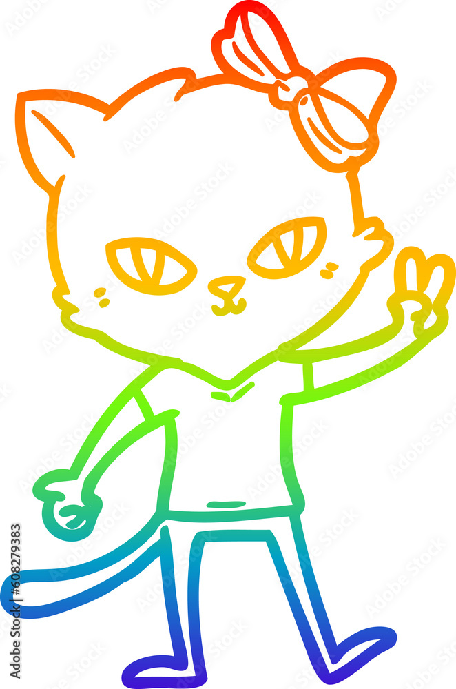 rainbow gradient line drawing of a cute cartoon cat girl giving peace sign rainbow gradient line drawing of a cute cartoon cat girl giving peace sign