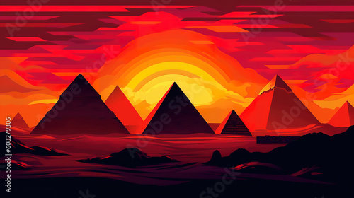 Sunset over pyramids, bright color. Generative Ai