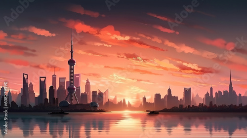 View of downtown Shanghai skyline, bright color. Generative Ai