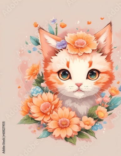 Generative AI - Bellissimo gattino con fiori e foglie