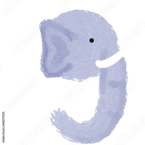 the image of a elephant on the number nine (9), with a long proboscis called a trunk, tusks, large ear flaps. hand drawing cartoon, PNG transparent