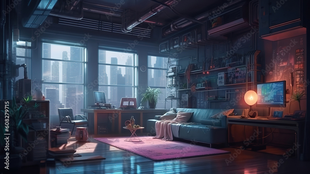 Concept of apartment yellow and purple living room interior in cyberpunk style. Generative Ai