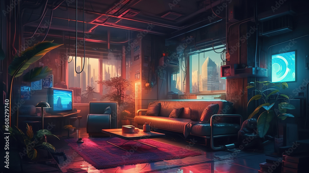 Concept of apartment dark minimalist living room interior in cyberpunk style. Generative Ai Concept of apartment dark minimalist living room interior in cyberpunk style. Generative Ai