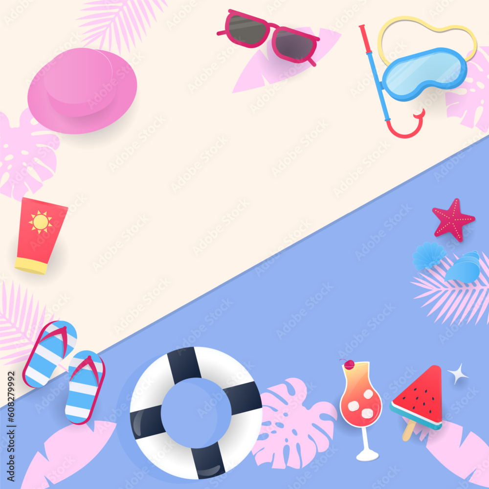 Summer elements with tropical pattern on white and blue background