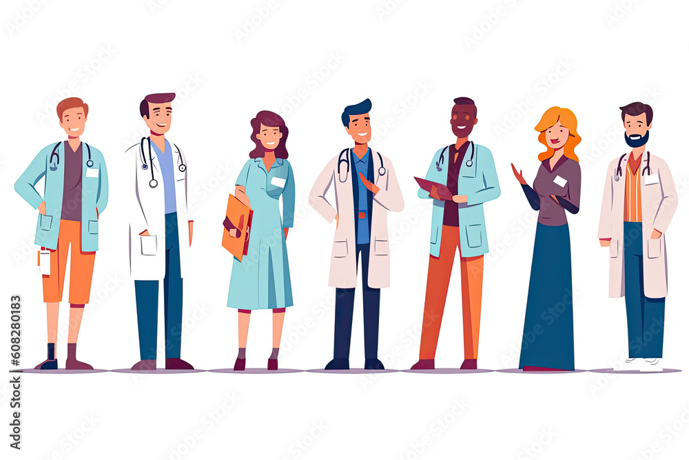 Medical staff people group. Team of doctor and nurse in hospital. Healthcare and medicine concept.Cartoon flat vector collection isolated on white background. Ai generative Medical staff people group. Team of doctor and nurse in hospital. Healthcare and medicine concept.Cartoon flat vector collection isolated on white background. Ai generative
