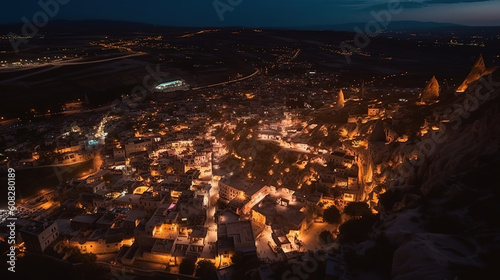 Goreme town at twilight in cappadocia, turkey. Generative Ai