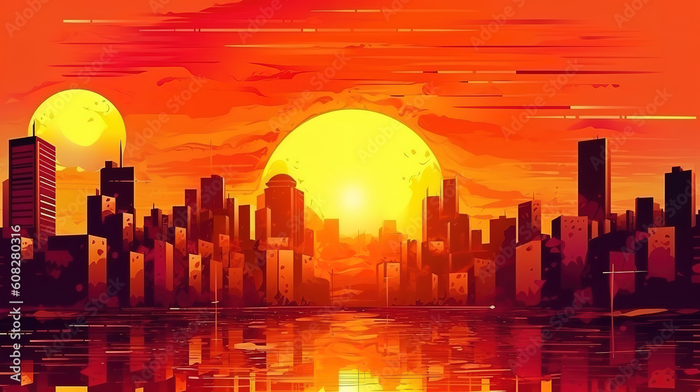 Heatwave sun over a urban city, global warming, bright color. Generative Ai