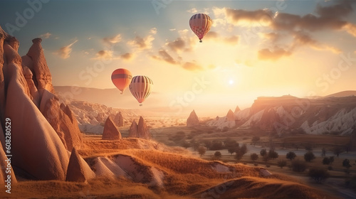 Landscape sunrise in Cappadocia with set colorful hot air balloon fly in sky. Generative Ai
