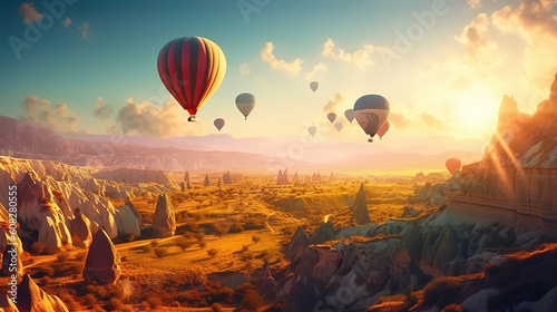 Set of colored balloons flying above the ground in cappadocia, turkey. Generative Ai