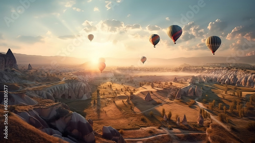 Hot air balloons over the hills and the fields during sunset in cappadocia, turkey. Generative Ai