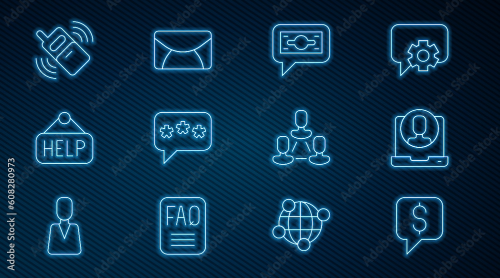 Set line Paid support, Telephone 24 hours, Stacks paper money cash, Speech bubble chat, Signboard with text Help, Mobile, Employee hierarchy and Mail and e-mail icon. Vector Set line Paid support, Telephone 24 hours, Stacks paper money cash, Speech bubble chat, Signboard with text Help, Mobile, Employee hierarchy and Mail and e-mail icon. Vector