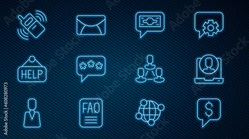 Set line Paid support, Telephone 24 hours, Stacks paper money cash, Speech bubble chat, Signboard with text Help, Mobile, Employee hierarchy and Mail and e-mail icon. Vector