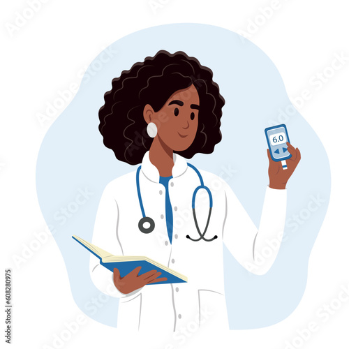 World Diabetes Day. A young smiling black female doctor holds a glucometer in his hands for measuring sugar.