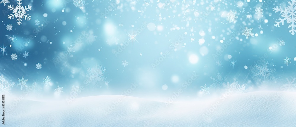 Beautiful background image of small snowdrifts, falling snow and snowflakes in white and blue tones