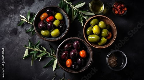 A set of Green and black olives and olive oil on a dark stone background, top view. Generative AI