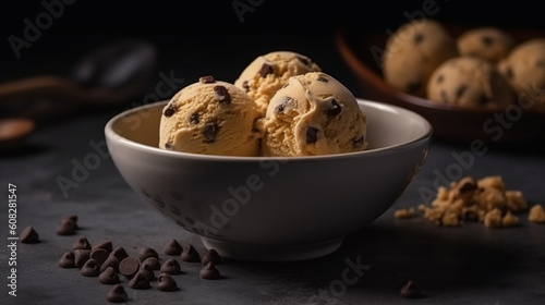 high level angle view of Vegan cookie dough ice cream served in a bowl. Generative AI