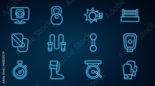 Set line Boxing glove, training paws, Punch boxing, Jump rope, helmet, Dumbbell and Weight icon. Vector
