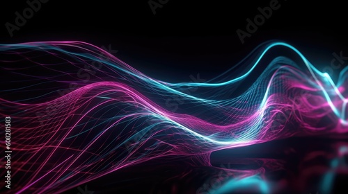 black background with neon color fluctuations. A series of optical neon streams.. The concept of data transmission is a fantastic wallpaper. Ai Generative