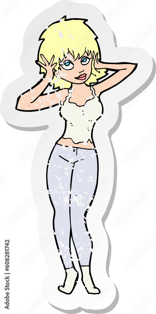 retro distressed sticker of a cartoon pretty woman retro distressed sticker of a cartoon pretty woman