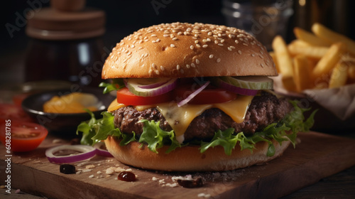 Homemade cheeseburger with cheese and vegetables served with french fries and salad. Generative AI