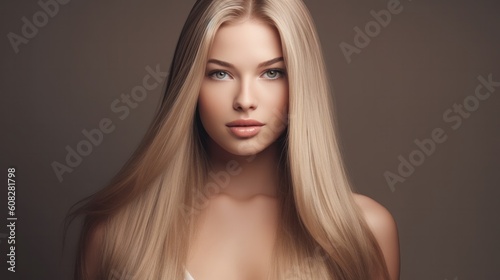 Beautiful woman with long smooth shiny straight hair. Treatment, care and spa procedures. Blonde beauty girl smooth hairstyle. Generative AI.