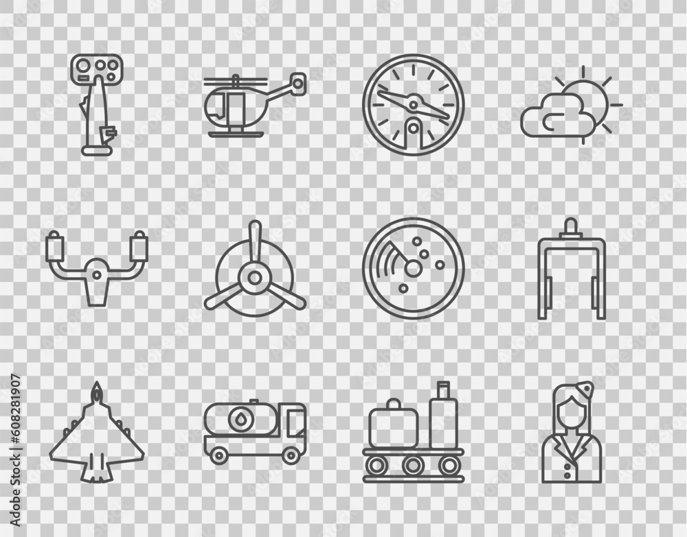 Set line Jet fighter, Stewardess, Compass, Fuel tanker truck, Aircraft steering helm, Plane propeller, Airport conveyor belt with suitcase and Metal detector airport icon. Vector Set line Jet fighter, Stewardess, Compass, Fuel tanker truck, Aircraft steering helm, Plane propeller, Airport conveyor belt with suitcase and Metal detector airport icon. Vector