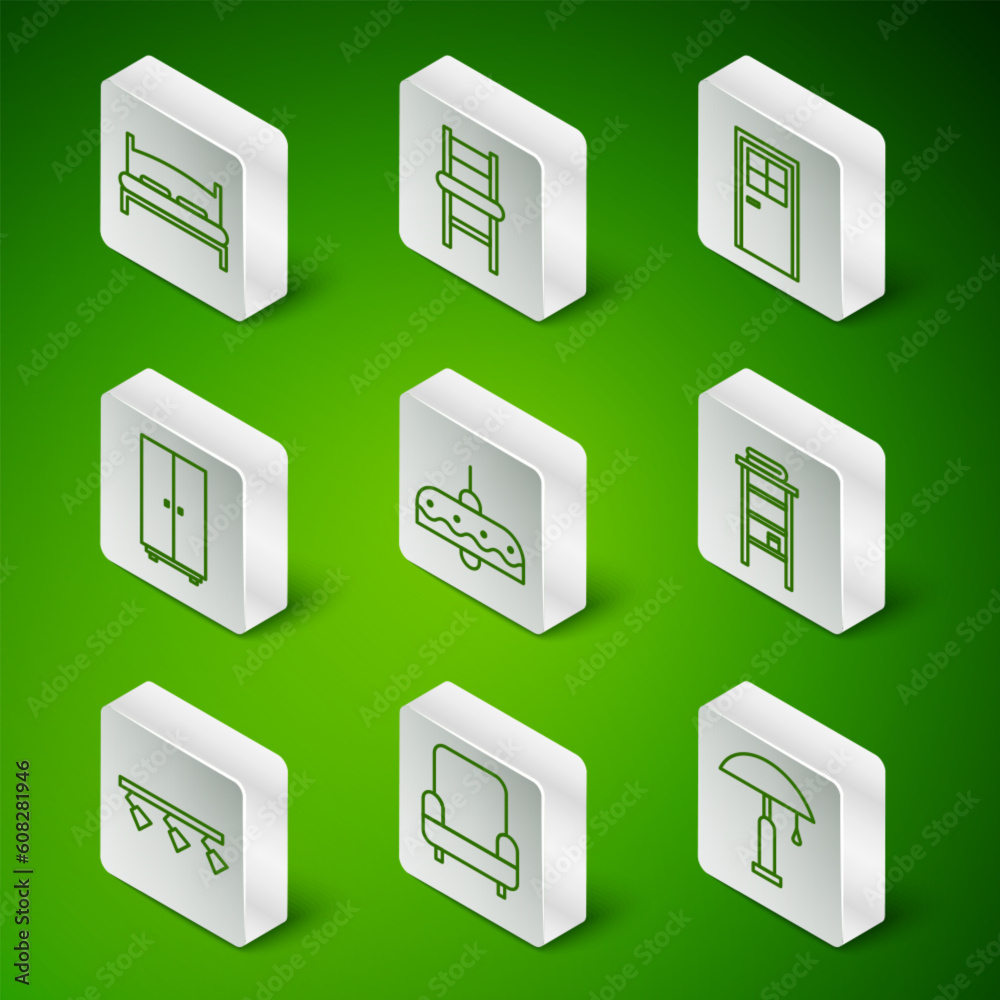 Set line Table lamp, Armchair, Big bed, Chandelier, Wardrobe, Chair, Led track lights lamps and Bathroom with shelves for towels icon. Vector Set line Table lamp, Armchair, Big bed, Chandelier, Wardrobe, Chair, Led track lights lamps and Bathroom with shelves for towels icon. Vector