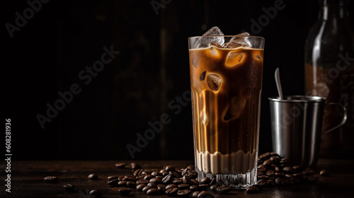 Ice coffee in a tall glass with cream poured over, ice cubes and beans. Generative AI photo