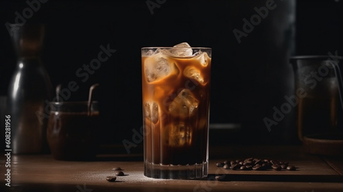 Ice coffee in a tall glass with cream poured over, ice cubes and beans. Generative AI photo